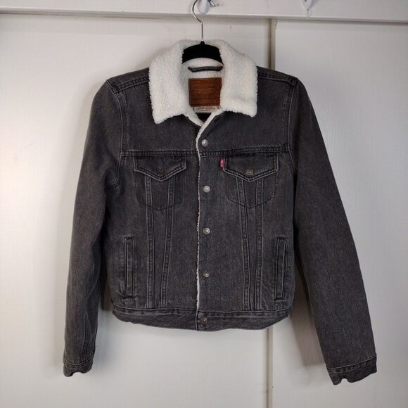 Levi’s Premium Women’s Sherpa Trucker Jacket Black Denim Sz S Fleece Lined - Picture 1 of 7